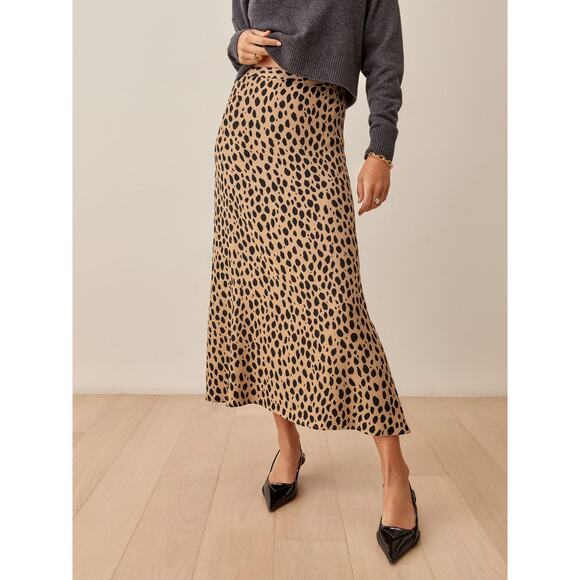 Reformation Bea Brown Silk Satin Leopard Print Midi Straight Pencil Slip Skirt 0 - Picture 1 of 8